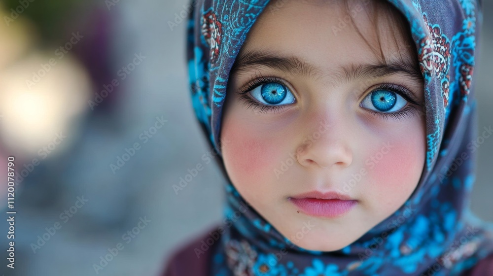 young muslim girl with blue eyes and wrinkles looking at camera wearing traditional hijab young muslim girl with blue eyes and wrinkles looking at camera wearing traditional hijab