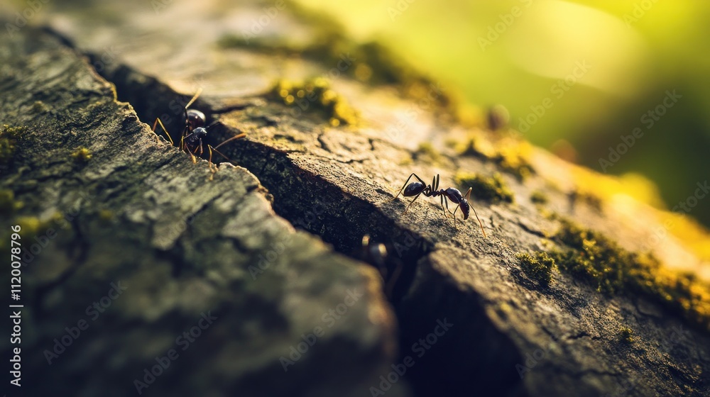 Close-up of ants on a textured wooden surface with moss, highlighting nature's details. Close-up of ants on a textured wooden surface with moss, highlighting nature's details.