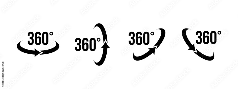 360 rotation icon set. 360 degree rotate vector illustration. 360 angle arrow pictogram. Panorama view symbol. Full turn sign. Full cycle 3D arrow rotation. Circle spin concept.