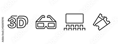 3D cinema icon set. Movie theatre three-dimensional cinematic concept. 3D glasses symbol. Projector screen with hall and viewer sits pictogram collection. Cinema ticket with 3-D sign concept.
