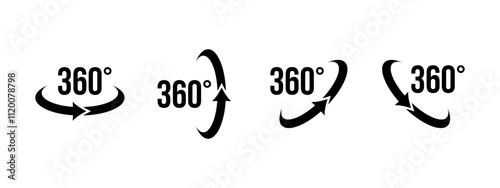 360 rotation icon set. 360 degree rotate vector illustration. 360 angle arrow pictogram. Panorama view symbol. Full turn sign. Full cycle 3D arrow rotation. Circle spin concept.