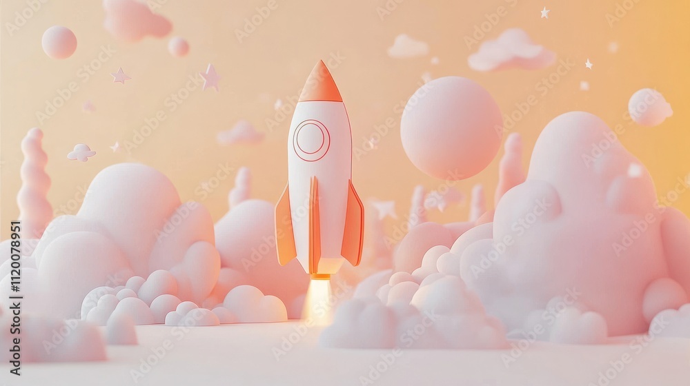 A stylized rocket launching amidst soft, pastel-colored clouds and stars. A stylized rocket launching amidst soft, pastel-colored clouds and stars.