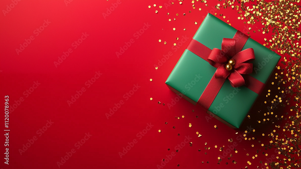 Festive green gift box with red ribbon on red background, top view. Perfect for holiday sales, promotions, and gift-giving concepts.* Festive green gift box with red ribbon on red background, top view. Perfect for holiday sales, promotions, and gift-giving concepts.*