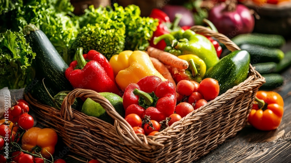 Basket of fresh vegetables in a rustic market setting Basket of fresh vegetables in a rustic market setting