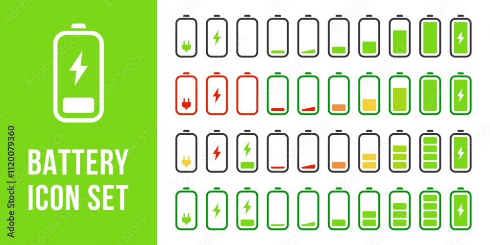 Battery charging icon set. Empty and full battery energy level icon collection. Low power mode battery vector illustration. Accumulator capacity pictogram. Web interface element for mobile phone.