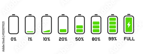 100 battery charging indicator with percentage icon set. Simple battery charging progress bar vector illustration. Battery power level symbol. Accumulator capacity sign. Mobile phone interface element