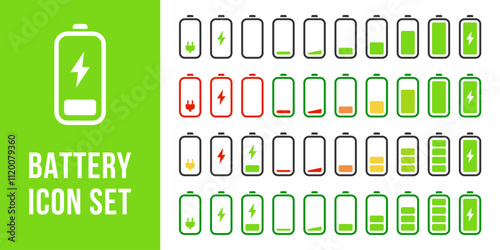 Battery charging icon set. Empty and full battery energy level icon collection. Low power mode battery vector illustration. Accumulator capacity pictogram. Web interface element for mobile phone.