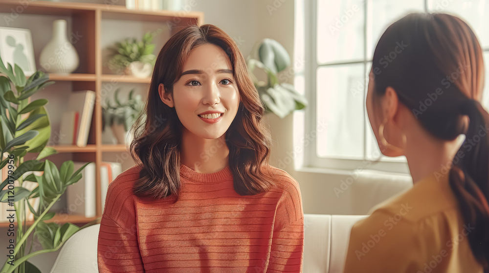 Two women are sitting on a couch, one of them wearing an orange shirt Two women are sitting on a couch, one of them wearing an orange shirt