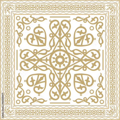 Vector gold square Yakut ornament. An endless rectangular border, a frame of the northern peoples of the Far East.