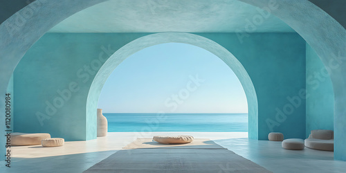  Minimalist japandi style interior design of modern living room with blue dining table and ottoman chair Room with beige stucco arched wall Coastal Retreat Sand teal sky blue white Graffiti