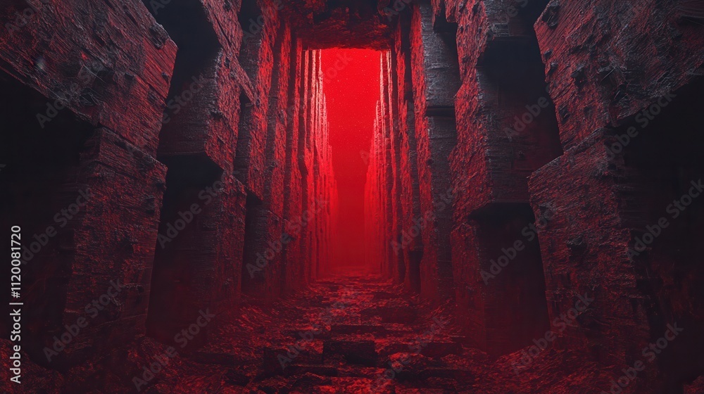 A dark, eerie corridor lit by a red glow, flanked by crumbling stone walls, creating a foreboding atmosphere.