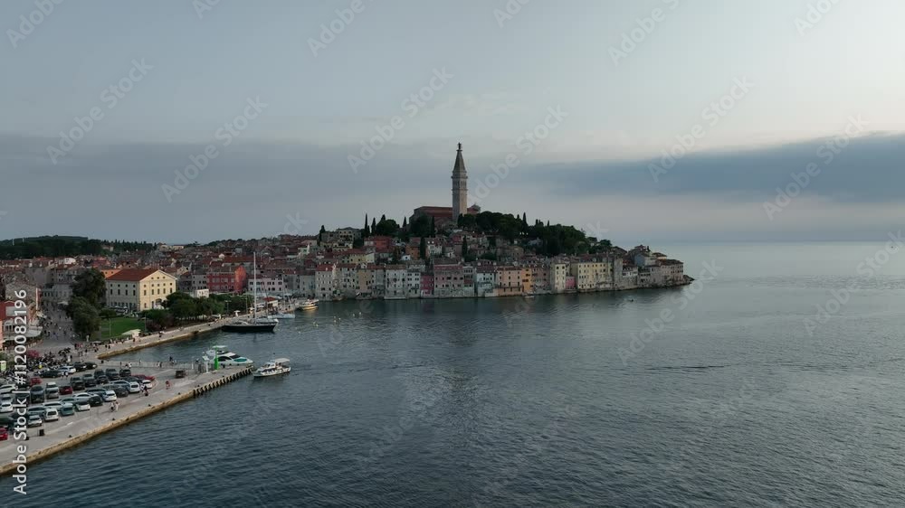 Drone shot over Rovinj city and tower of Church of St. Euphemia Drone shot over Rovinj city and tower of Church of St. Euphemia
