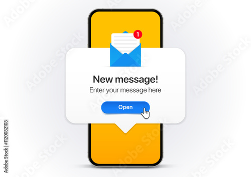 New message notification concept on realistic smartphone mockup. New email pop up. Incoming, open messaging. Chatting, mail, post, letter symbol, sign, emblem with new notification for UI UX website