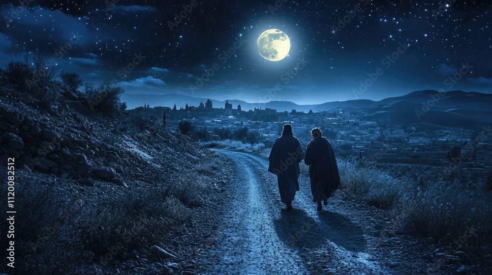 Two Figures Walk a Night Road Towards a Distant City Two Figures Walk a Night Road Towards a Distant City