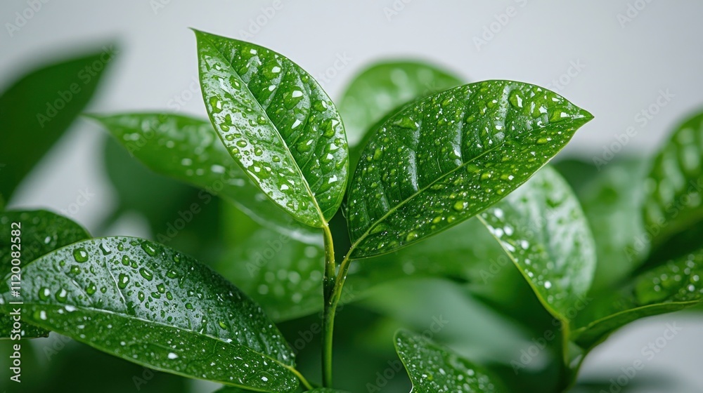 Close-up of vibrant green leaves with water droplets. Close-up of vibrant green leaves with water droplets.