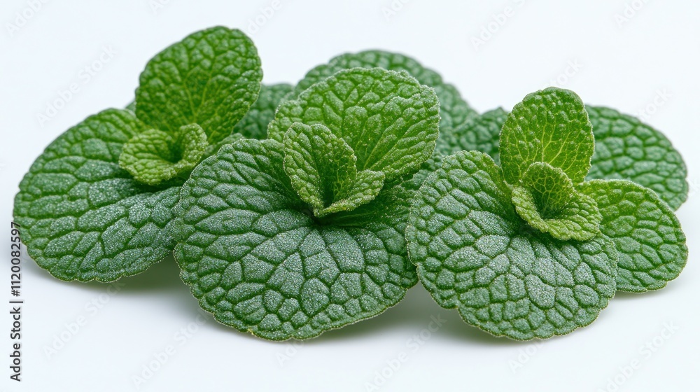 Close-up of three vibrant green mint leaves on white background. Close-up of three vibrant green mint leaves on white background.
