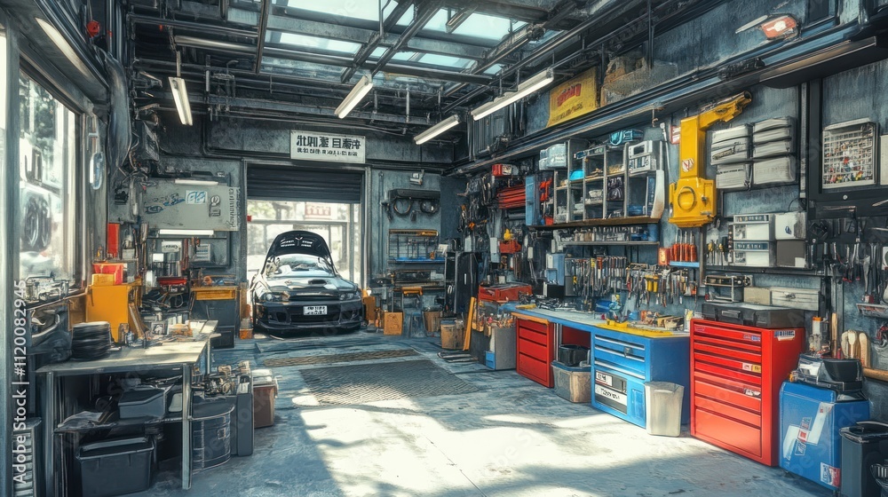 Well-equipped auto repair shop interior with car. Well-equipped auto repair shop interior with car.