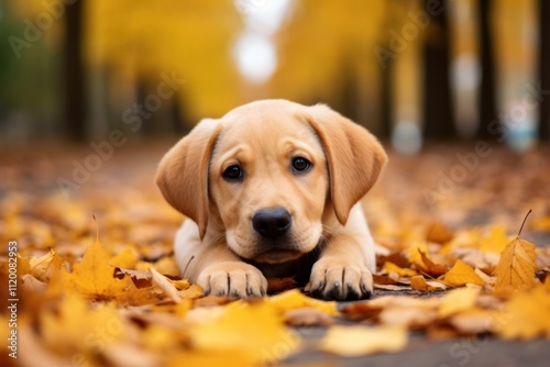 A cute Labrador puppy lying down on a path covered with autumn leaves in an alley isolated on white background