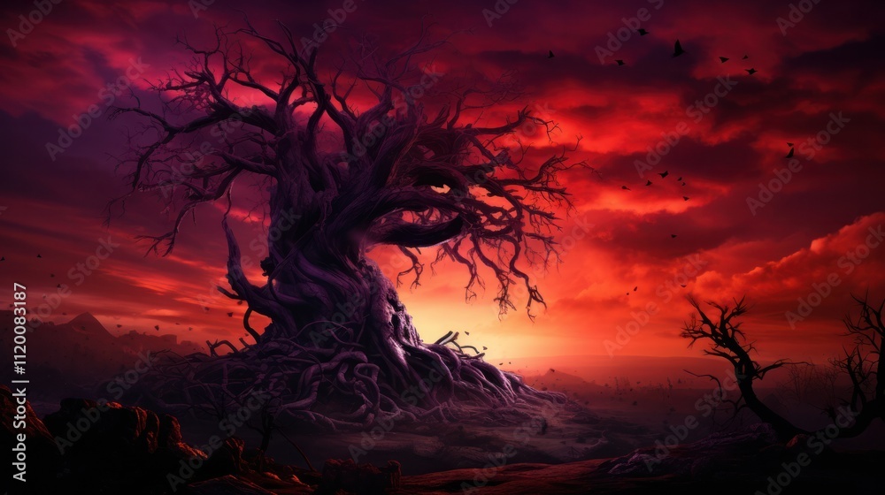 A dramatic sunset with fiery red and purple clouds, with the silhouette of a gnarled, ancient tree adding depth to the scene A dramatic sunset with fiery red and purple clouds, with the silhouette of a gnarled, ancient tree adding depth to the scene