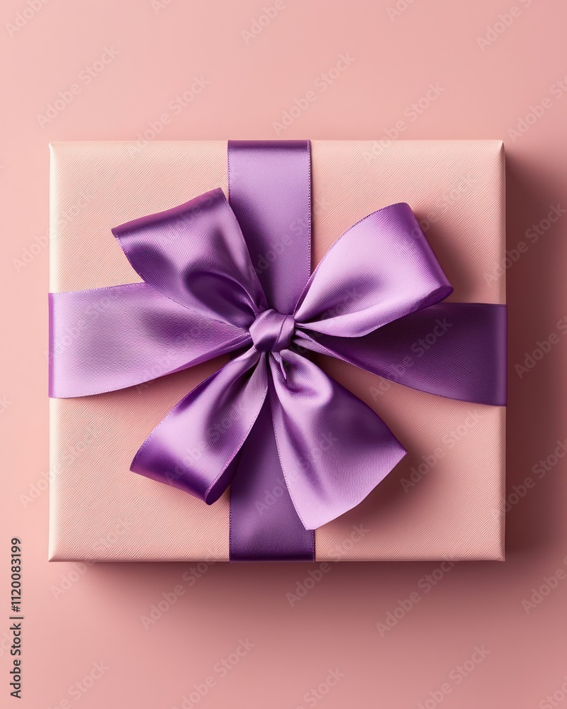Gift box wrapped in purple paper with a purple satin bow on a pink background. Gift box wrapped in purple paper with a purple satin bow on a pink background.