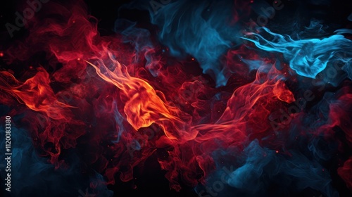 A dynamic blend of red and blue fire with vivid movement and detail, set against a pitch-black backdrop for high visual impact photo