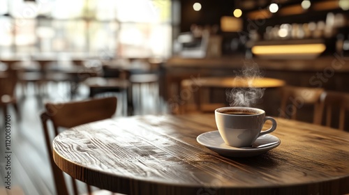 Steaming coffee cup on wooden table in a cafe.