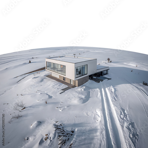 Drone shot ofminimalist modern home surrounded by untouched snow isolated on white background cutout png design asset funny conceptSciFi photo