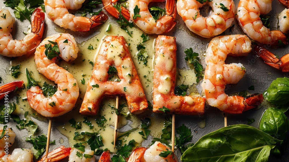 Shrimp skewers arranged to spell sale surrounded by fresh herbs and toppings Shrimp skewers arranged to spell sale surrounded by fresh herbs and toppings