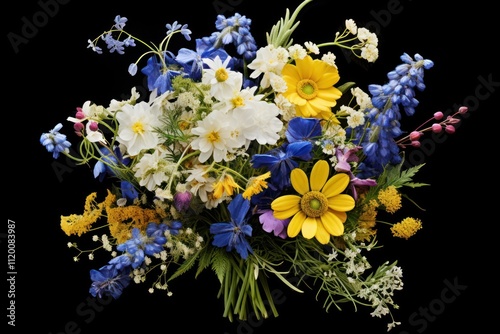 A mix of wildflowers including daisies, bluebells, and buttercups in a rustic bouquet isolated on white background