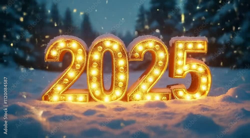 2025 Happy New Year background with winter weather Gold particles on dark blue background.