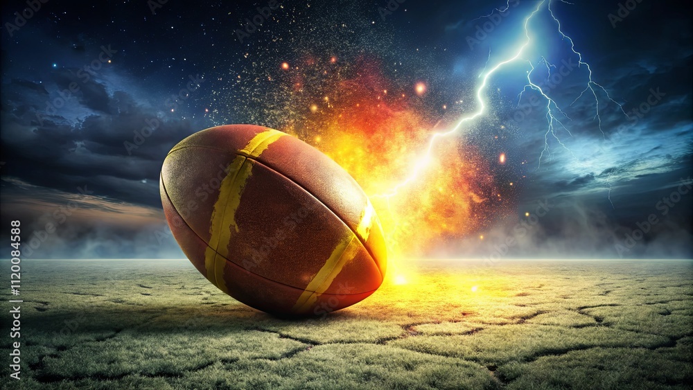 Dynamic Rugby Ball with Lightning on a Dramatic Background Dynamic Rugby Ball with Lightning on a Dramatic Background