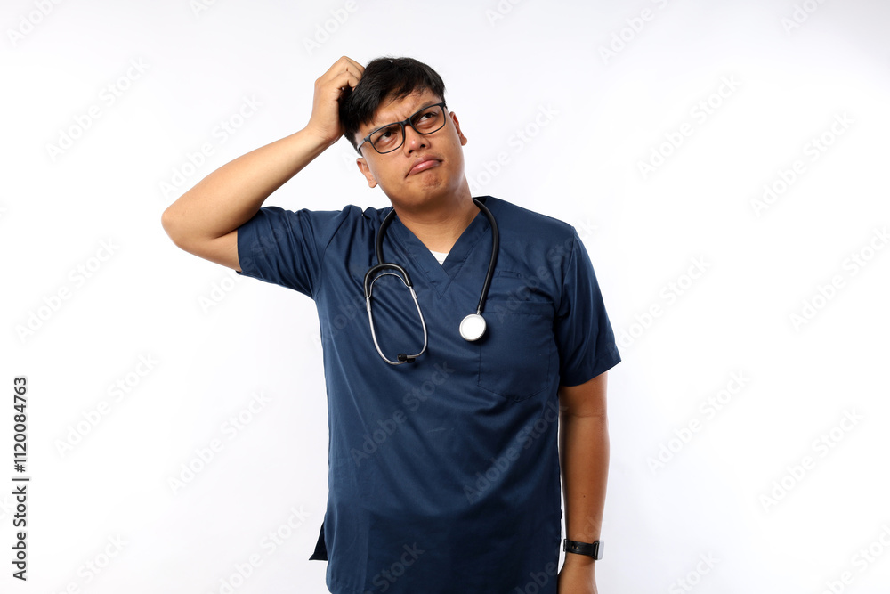 Hispanic man feeling puzzled and confused, scratching head. nurse concept Hispanic man feeling puzzled and confused, scratching head. nurse concept