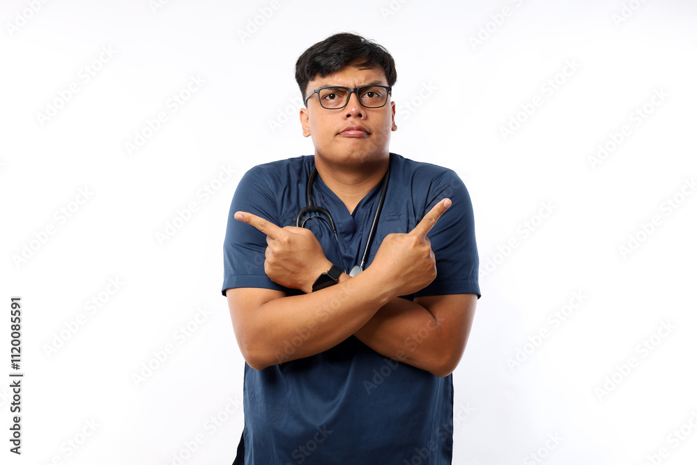 Full-length shot of Surgeon doctor man pointing to the laterals having doubts over isolated white background Full-length shot of Surgeon doctor man pointing to the laterals having doubts over isolated white background