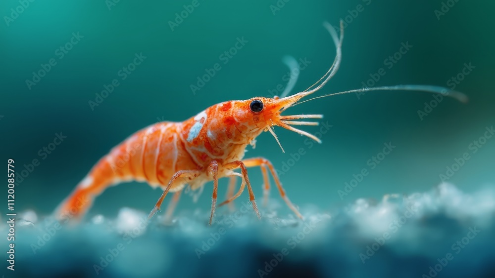 A close up of a shrimp on a blue surface A close up of a shrimp on a blue surface
