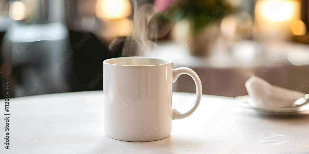 Steaming Coffee Cup on Table with Soft Blurred Background Steaming Coffee Cup on Table with Soft Blurred Background