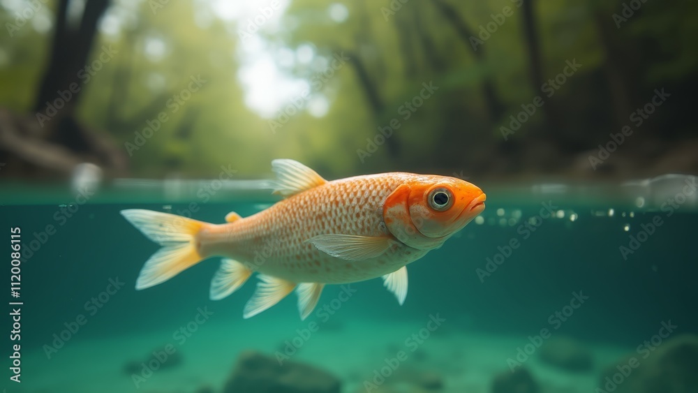 A goldfish swimming in the water with trees in the background A goldfish swimming in the water with trees in the background