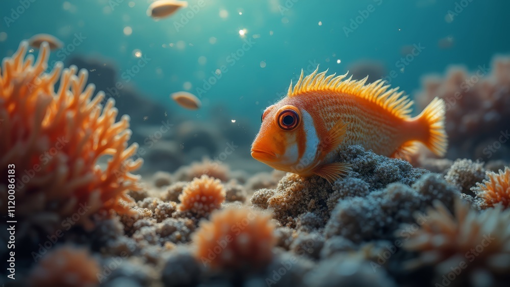 A small orange fish sitting on top of a coral reef A small orange fish sitting on top of a coral reef