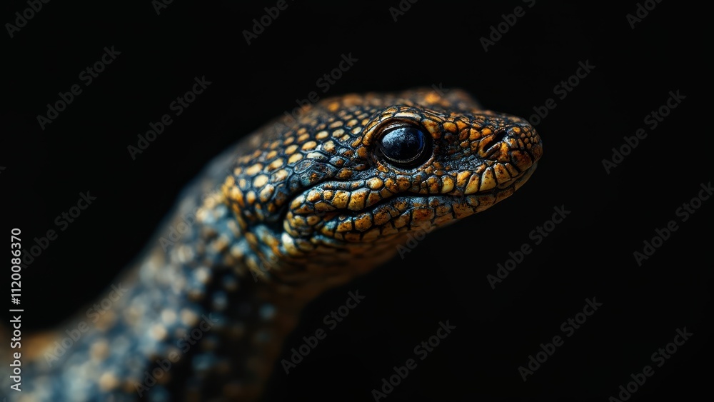  A close up of a snake's head on a black background