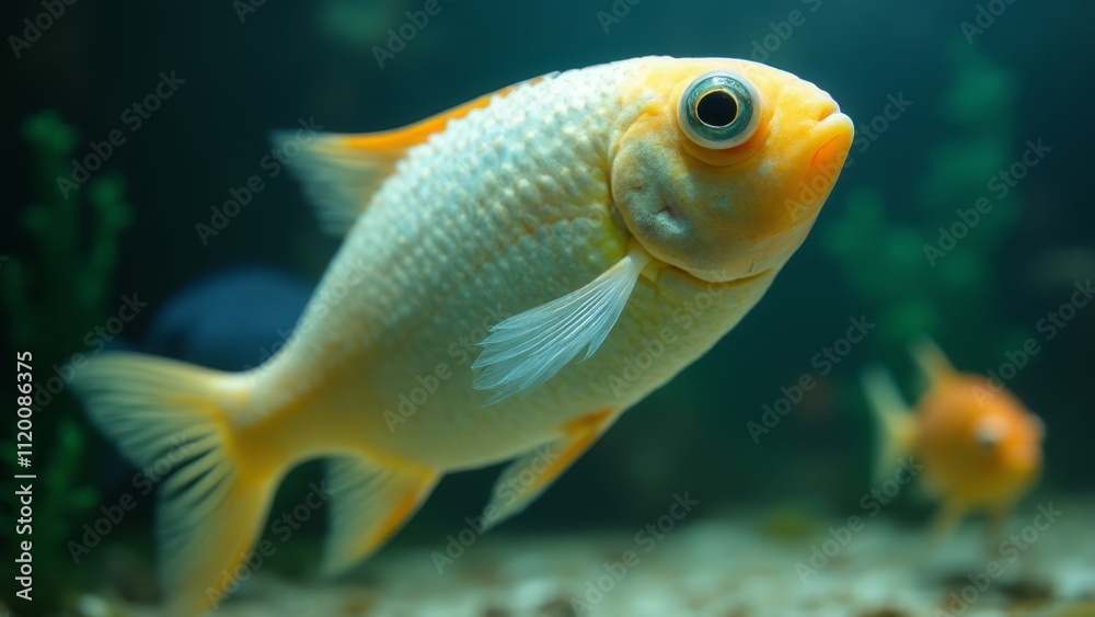 A goldfish swimming in an aquarium with other fish in the background A goldfish swimming in an aquarium with other fish in the background
