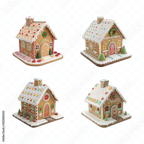 abstract 3D eye catching Gingerbread house decorated with candies and glaze in different style isolated on white background