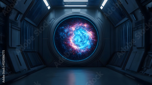 Fototapeta Naklejka Na Ścianę i Meble -  futuristic space observation hub featuring vibrant galaxy view through circular window. sleek interior design enhances cosmic experience