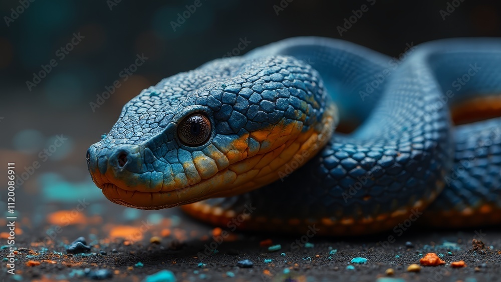 A close up of a blue snake on the ground A close up of a blue snake on the ground