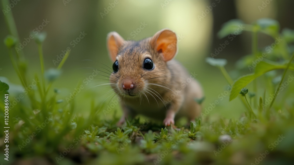 A small brown mouse standing on top of a lush green field A small brown mouse standing on top of a lush green field