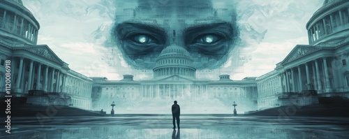 Government capitol building with an evil-looking face in the design representing big brother with government overreach. Created with Generative AI.