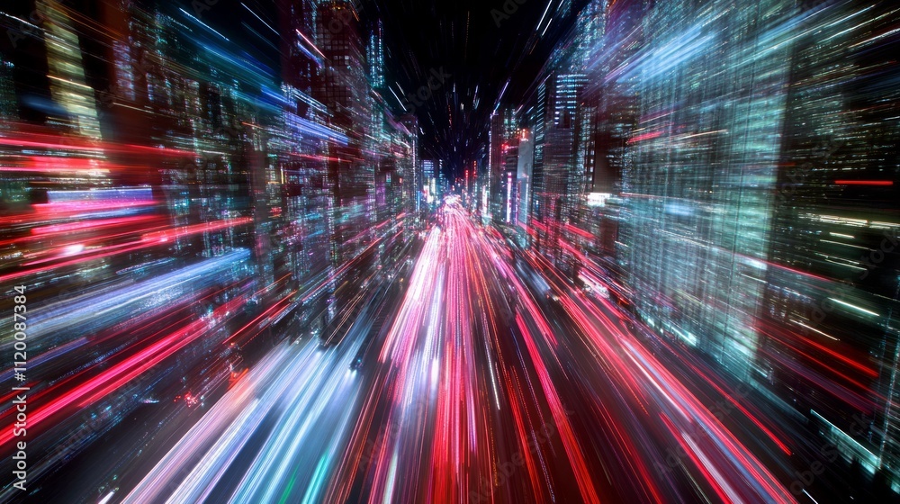 City night light trails, dynamic speed, motion blur, vibrant colors, futuristic.