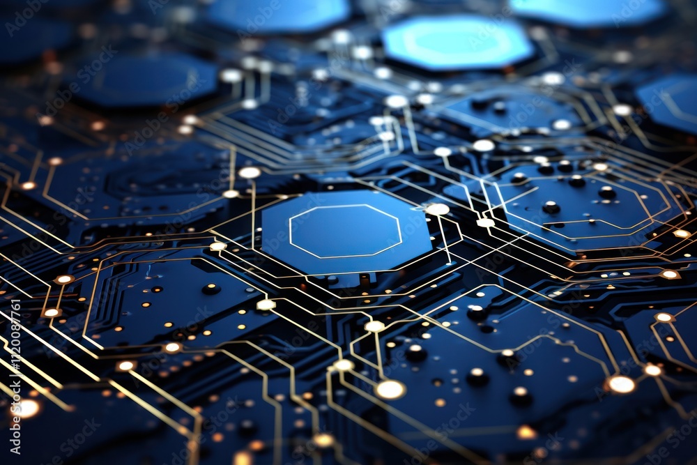 Detailed close-up of a modern circuit board with a hexagonal grid overlay, showcasing intricate connections and circuits Detailed close-up of a modern circuit board with a hexagonal grid overlay, showcasing intricate connections and circuits