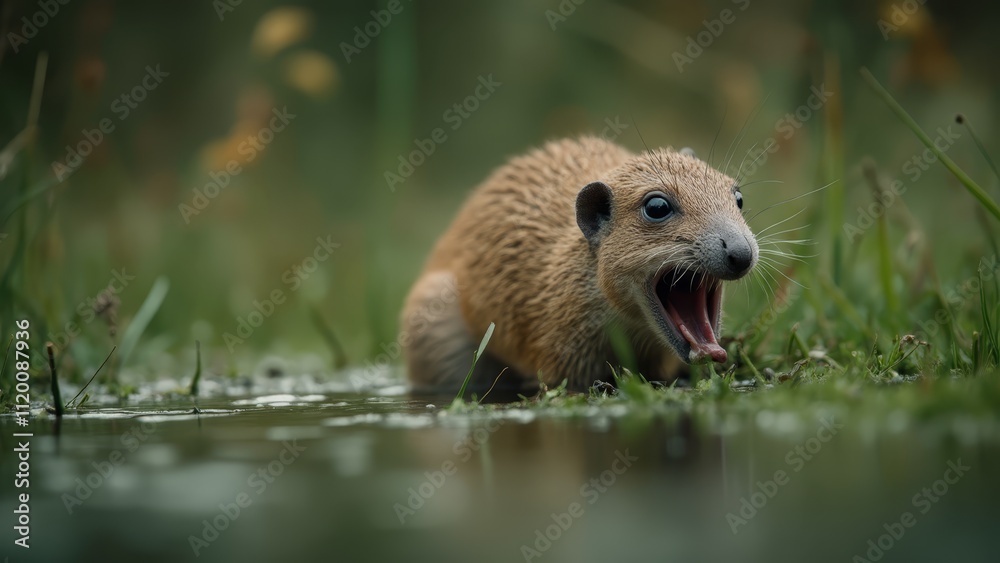 A small brown animal with its mouth open in the grass A small brown animal with its mouth open in the grass