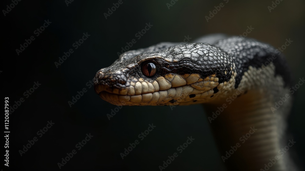 A close up of a snake's head with a black background A close up of a snake's head with a black background