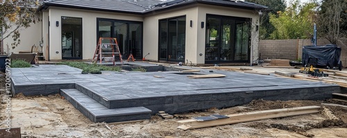 Gray concrete pavers being installed in a courtyard area of a residence.