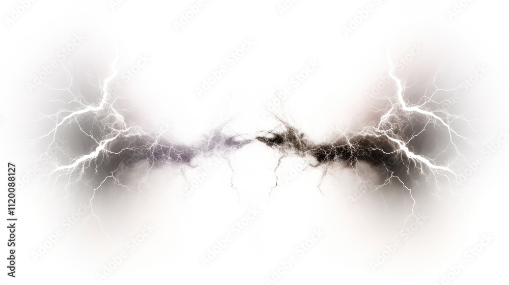 Fototapeta premium Electric lightning bolts converging in a powerful clash with high contrast lighting isolated on white background